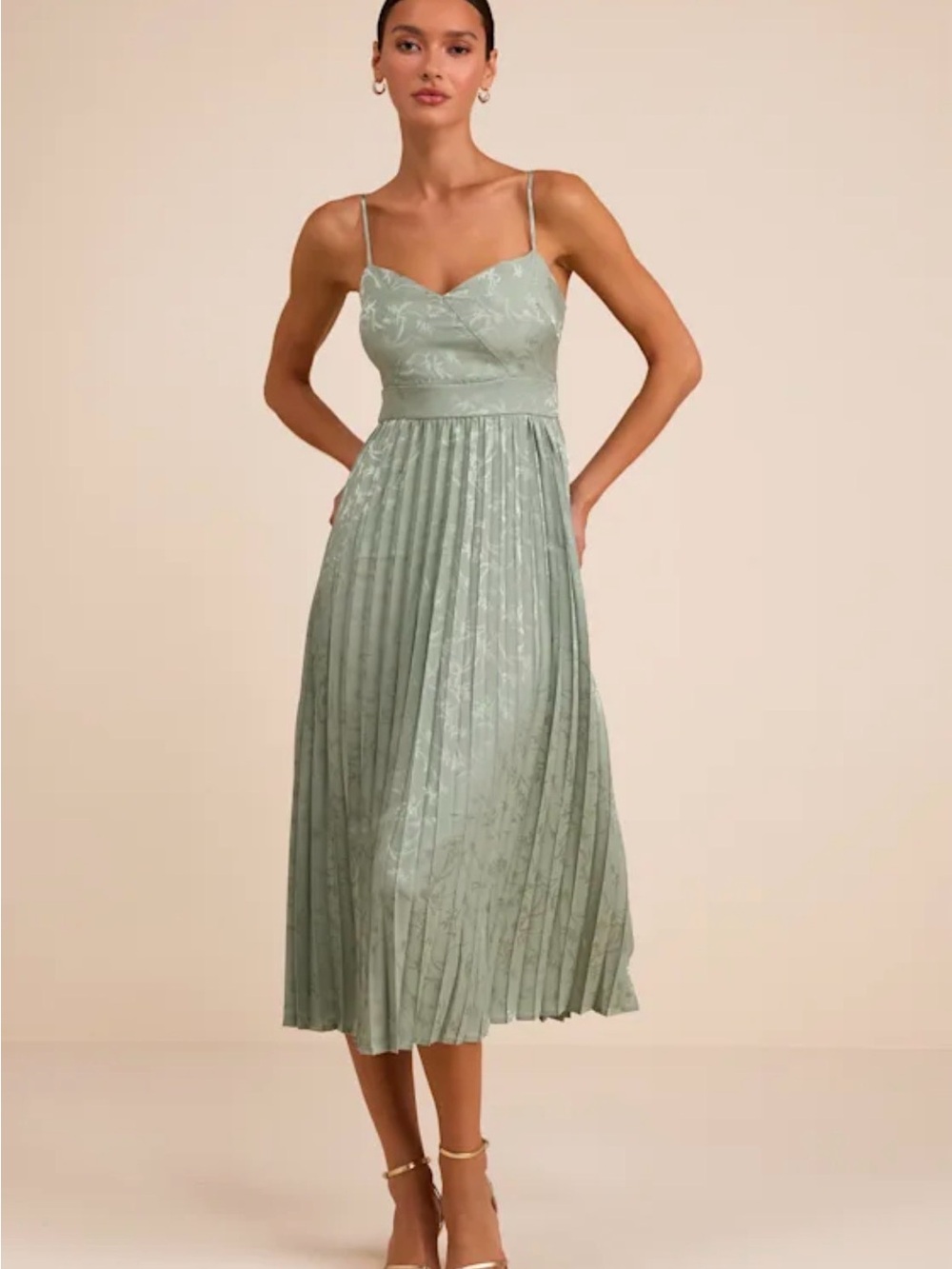 Sage Green Pleated Midi Dress with Spaghetti Straps